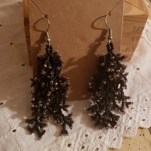 Black and Silver Beaded Coral Earrings
